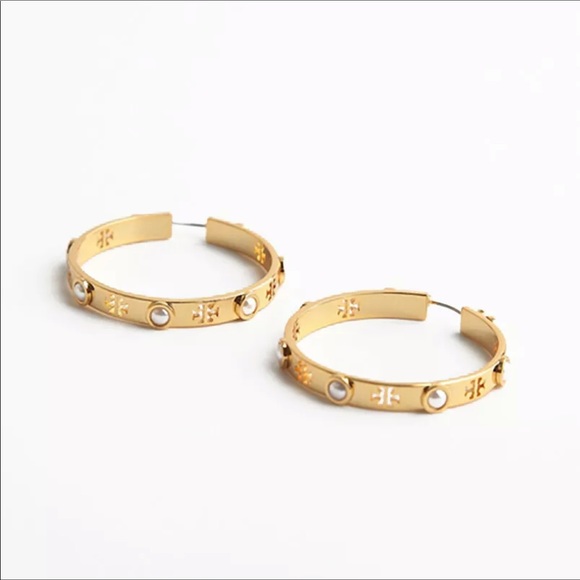 TORY BURCH GOLD EARRINGS TT CUT OUTS & PEARLS NEW! SuUd - Picture 4 of 6